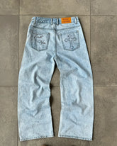 Hearujoy Gothic Y2K Streetwear Jeans Light Blue Wash Holy Denim Pants Men Vintage Cross Rhinestone Embroidery Baggy Jeans Women Pants